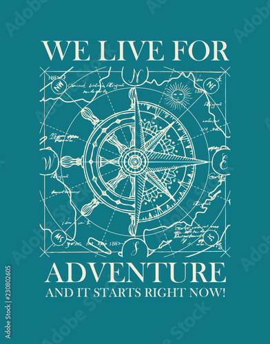 Hand-drawn vector banner with a wind rose, old nautical compass and steering wheel in retro style. Illustration on the theme of travel, adventure and discovery on the background of old map