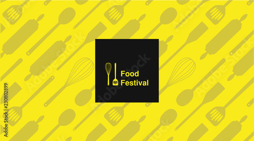 Food festival typography poster. The illustration for menu, restaurant logo, cards, flayers, napkin. Banner template. Elegant vector text with kitchen utencils pattern around it. EPS 10.