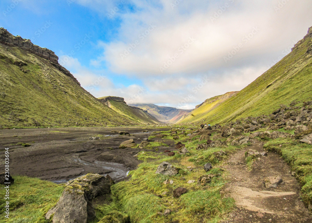 Panoramic view inside the great fissure of volcanic canyon Eldgja. Summer trekking in highlands of Iceland, Europe
