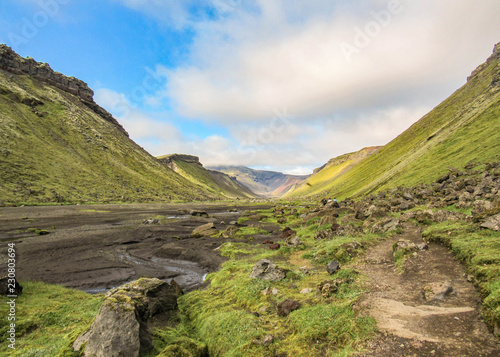 Panoramic view inside the great fissure of volcanic canyon Eldgja. Summer trekking in highlands of Iceland, Europe