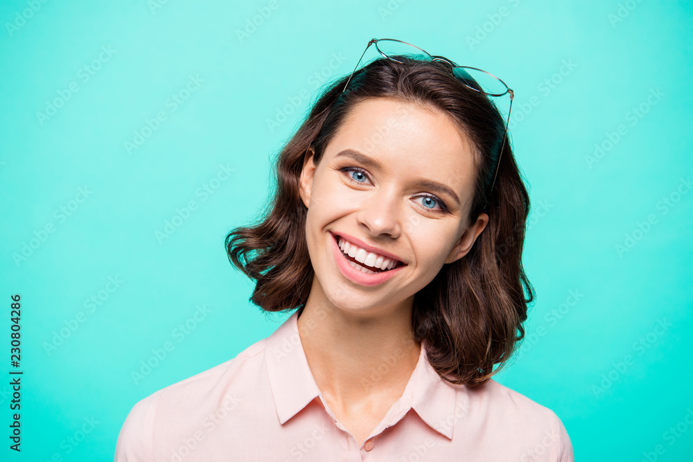 Close-up portrait of cheerful cheery nice cute kind sweet adorab Close-up portrait of cheerful cheery nice cute kind sweet adorab