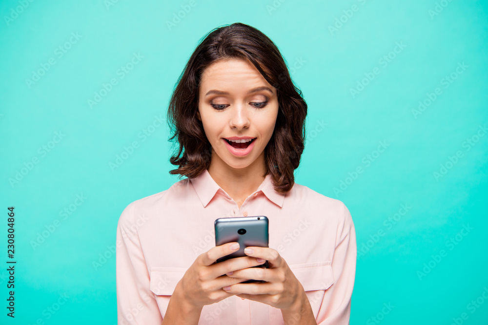 Portrait of nice cute funny cheerful impressed adorable attracti Portrait of nice cute funny cheerful impressed adorable attracti