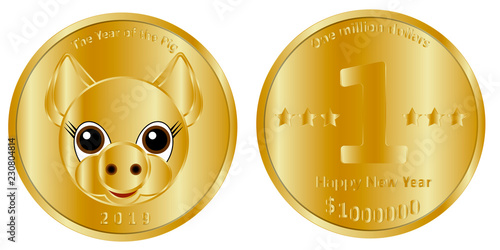 Festive gold coin of one million dollars, heads and tails, dedicated to the new 2019, the year of the pig. Designed to congratulate loved ones happy New Year and wishes of good luck.