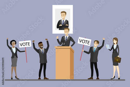 Election campaign of candidate,Male politician standing at tribune,