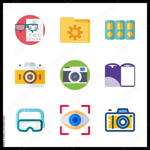 9 visual icon. Vector illustration visual set. photo camera and eye scan icons for visual works