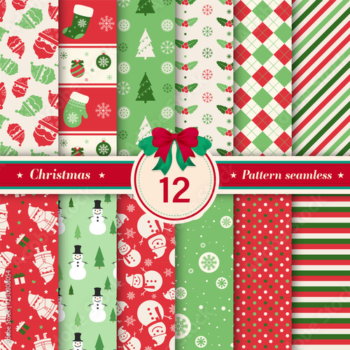 Merry Christmas pattern seamless collection. Set of 12 X-mas winter holiday background . Endless texture for giftwrap, wallpaper, web banner background, wrapping paper and Fabric patterns.  photo