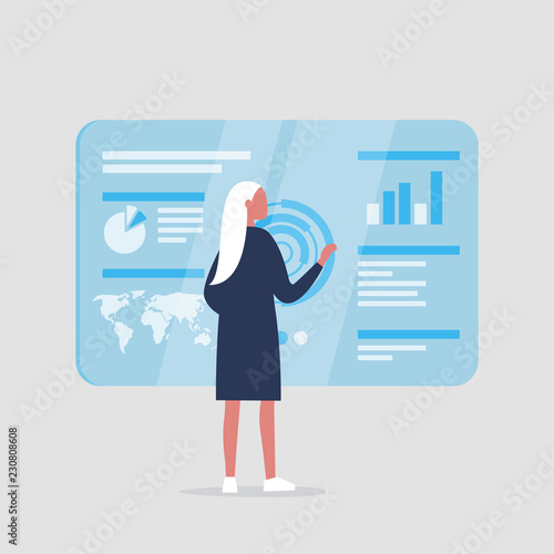 Young female millennial character monitoring a blue transparent futuristic screen. Conceptual future technologies / flat editable vector illustration, clip art