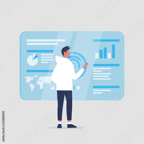 Young male millennial character monitoring a blue transparent futuristic screen. Conceptual future technologies / flat editable vector illustration, clip art