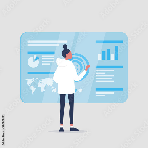 Young female millennial character monitoring a blue transparent futuristic screen. Conceptual future technologies / flat editable vector illustration, clip art