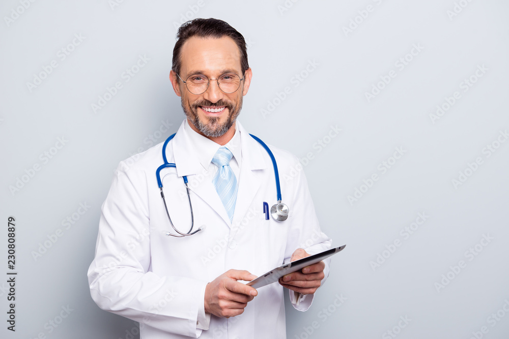 Portrait of half turn brunet hair bristle pharmacist man look at Portrait of half turn brunet hair bristle pharmacist man look at