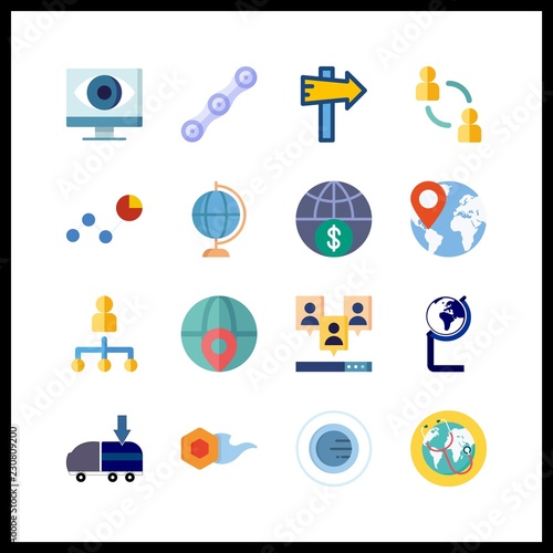 16 global icon. Vector illustration global set. orbit and line chart icons for global works