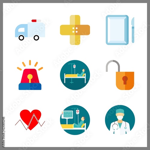 emergency icon. surgeon and patient vector icons in emergency set. Use this illustration for emergency works.