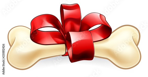 A pet dogs bone Christmas or birthday gift wrapped in a red bow and ribbon 