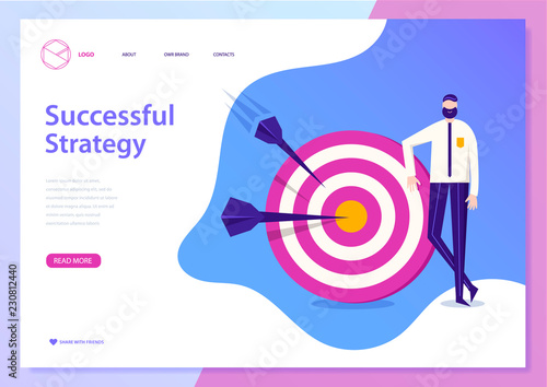 Vector successful busines strategy concept. Web page, poster, flyer. Man standing near the target with arrows.