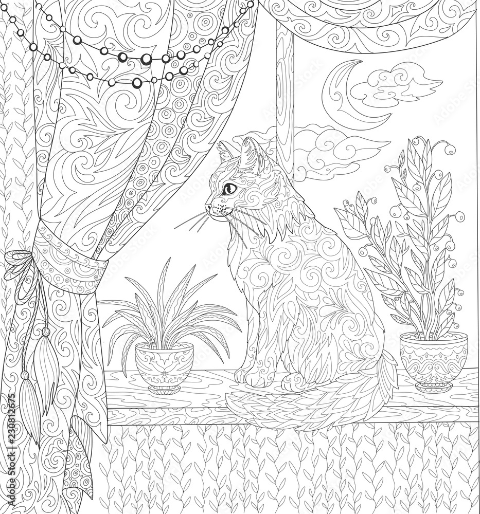 Fototapeta premium Сat sitting on the window in the room, coloring book page.