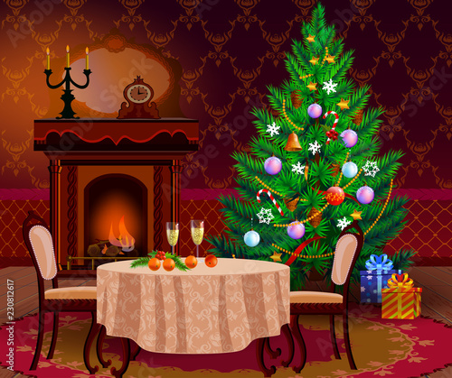 Christmas decoration at home, Christmas tree in the living room