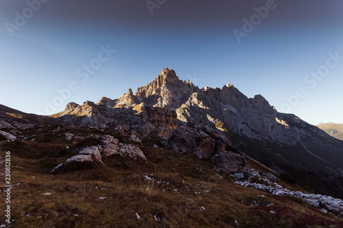 Awesome dolomite Tre Scarperi peaks at sunset, South Tyrol, Italy © Gianluca