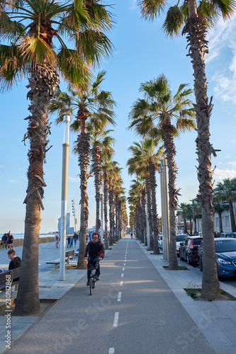 Photography bicycle road in barcelona near the sea