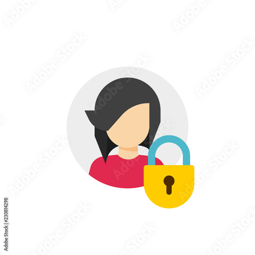 Personal account private protection or locked vector icon, flat cartoon person profile protected with closed lock, access denied, blocked user account, private user icon, safe or secure data