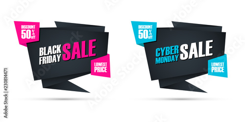 Black Friday Sale and Cyber Monday Sale special offer commercial signs for business, promotion and advertising. Discount up to 50% off. Vector illustration.