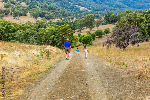 Grandfather walking with his grandchildren and a dog, along a path in the Upper Hunter Valley, NSW, Australia.