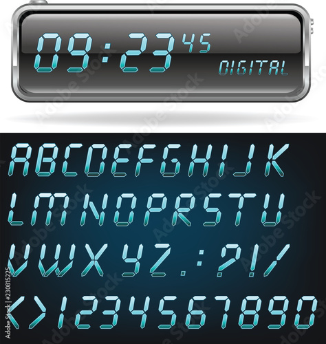 Digital blue alphabet and modern clock