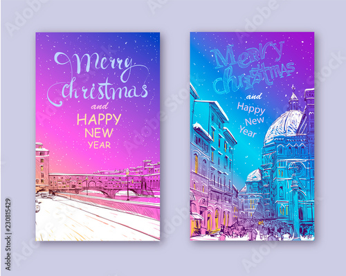 Trendy cover template. Winter city. Merry Christmas and New Year card design. Ponte Vecchio Florence. Santa Maria del Fiore Florence Italy. Hand drawn city sketch. Vector illustration.