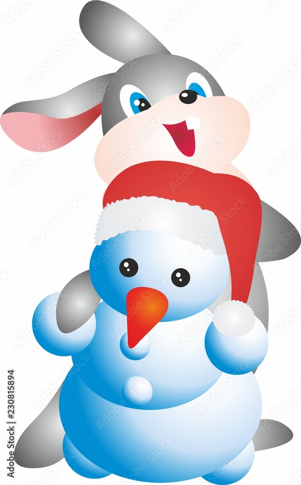 Snowman and rabbit on white background. Christmas holiday. Winter holiday cartoon cute card, Merry christmas card. Snowman and rabbit on white background. Christmas holiday. Winter holiday cartoon cute card, Merry christmas card.