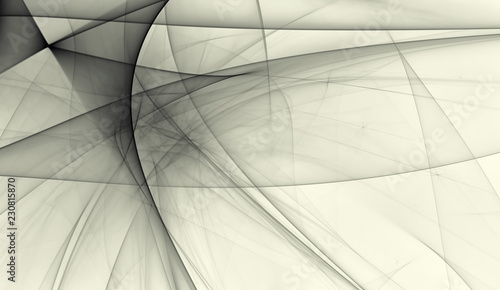 Beautiful black and white background of glowing particles and lines with depth of field and bokeh. 3d illustration, 3d render