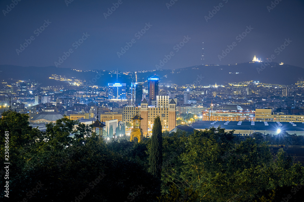 View of the city center at night in barcelona