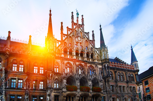 Marienplatz town hall in old Munich market square in Germany on a beautiful sunny summer day