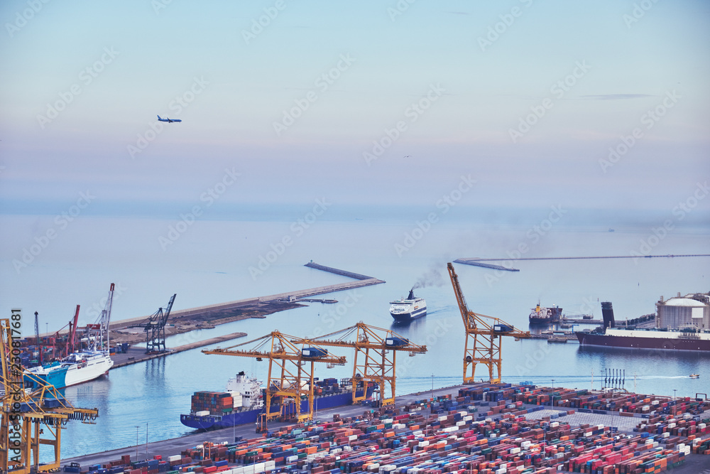 Aerial view of the sea cargo port  from the Montjuic hill, Barcelona, Catalonia, Spain.