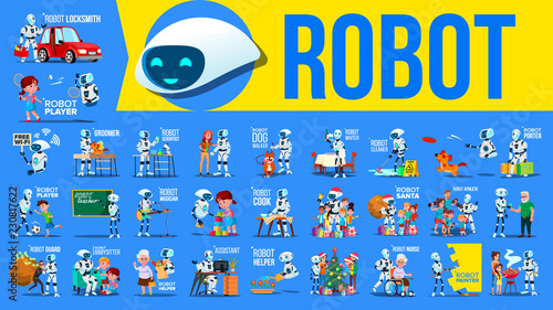 Robot Helper Set Vector. Future Lifestyle Situations. Working, Communicating Together. Cyborg, AI Futuristic Humanoid Character. Artificial Intelligence. Web Design. Robotic Technology Illustration