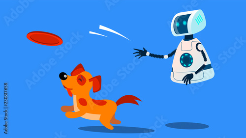 Robot Dogwalker Playing With A Dog Vector. Isolated Illustration