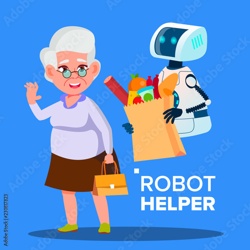 Robot Helper Carrying Cart With Products Of Elderly Woman Vector. Isolated Illustration