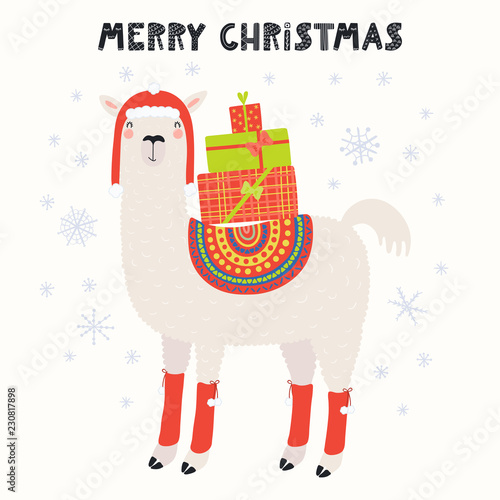 Hand drawn vector illustration of a cute funny llama in a hat, with gifts, text Merry Christmas. Isolated objects on white background. Scandinavian style flat design. Concept for card, invite.