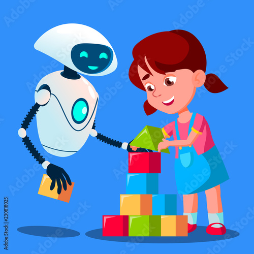 Robot Baby Sitter Playing Cubes With Child Vector. Isolated Illustration