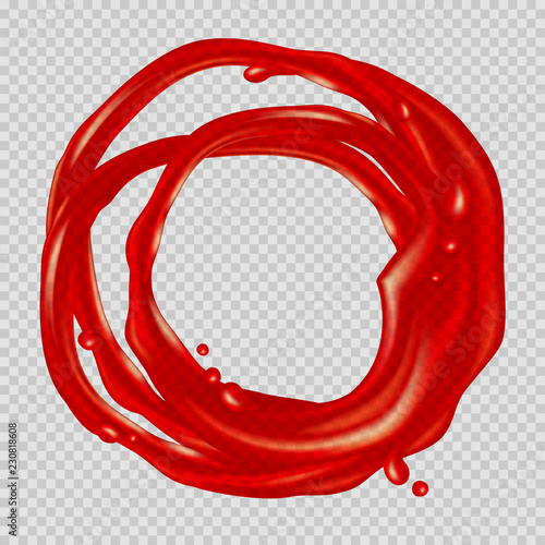 Strawberry jam. Transparent red splash and drops flow in a circle. Realistic vector illustration.