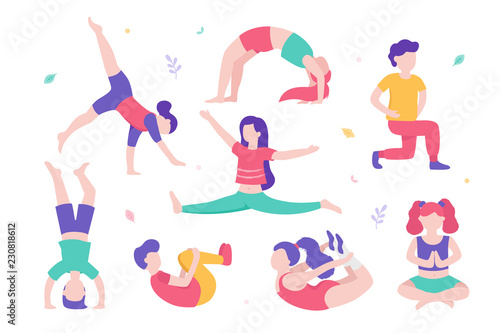 Children doing physical exercises set of various poses and cute cartoon characters of kids isolated on white background. Vector illustration in flat design, infographic elements.