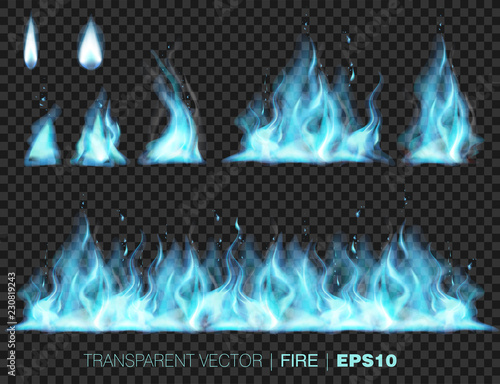 Collection of blue realistic fire flames