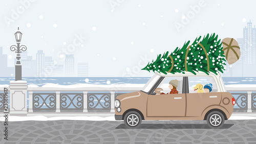 Mother and son riding the car which loaded the Christmas tree - Winter stone paving road background