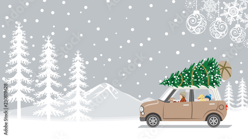Mother and Son riding the car which loaded the Christmas tree - Winter nature and ornament background