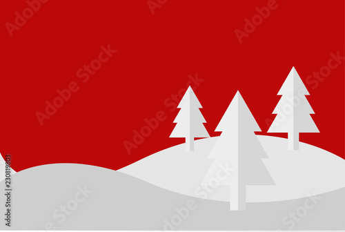 Fondo rojo navideño de montañas nevadas con pinos