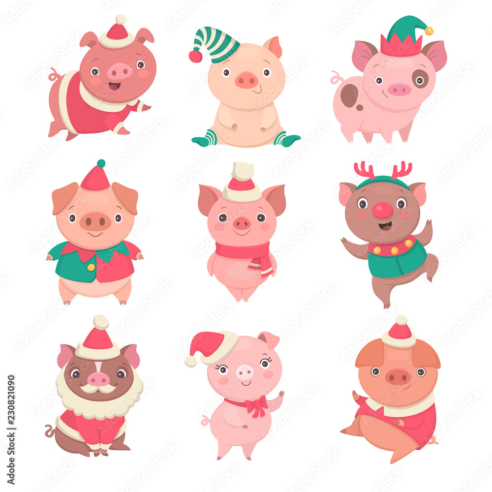 PrintCute Christmas piggies collection. Vector illustration of funny cartoon pigs in different costumes, such as Elf, Santa and Rudolph. Isolated on white. PrintCute Christmas piggies collection. Vector illustration of funny cartoon pigs in different costumes, such as Elf, Santa and Rudolph. Isolated on white.