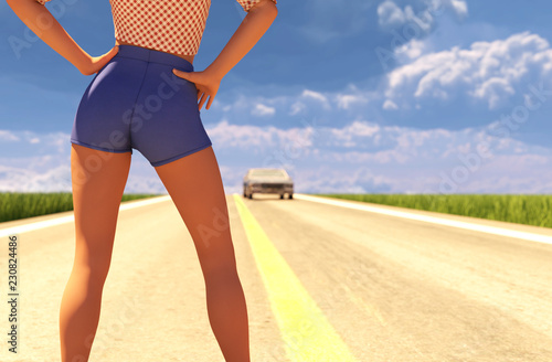 Slika na platnu 3d illustration of sexy hitchhiker woman on highway