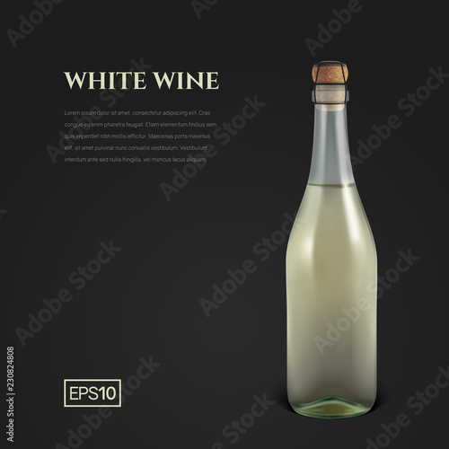 Photorealistic bottle of white sparkling wine on a black background. Mockup transparent bottle of wine. Template for presentation in a minimalist style.