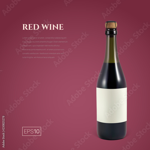 Photorealistic bottle of red sparkling wine on a burgundy background. Mockup transparent bottle of wine. Template for presentation in a minimalist style.