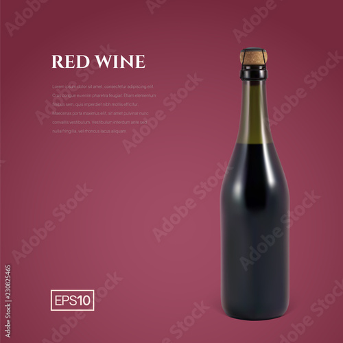 Photorealistic bottle of red sparkling wine on a burgundy background. Mockup transparent bottle of wine. Template for presentation in a minimalist style.