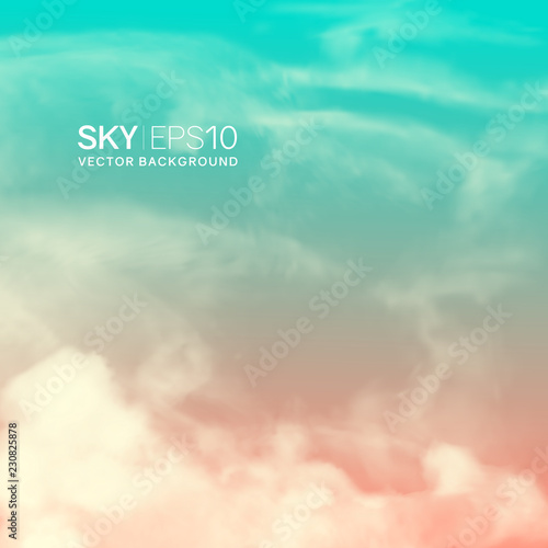 Square vector background with realistic pink-blue sky and cumulus clouds. The image can be used to design a banner, flyer and postcard.