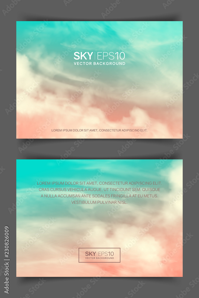 Two-sided horizontal flyer of a4 format with realistic pink-blue sky and clouds. The image can be used to design a banner, poster and postcard.
